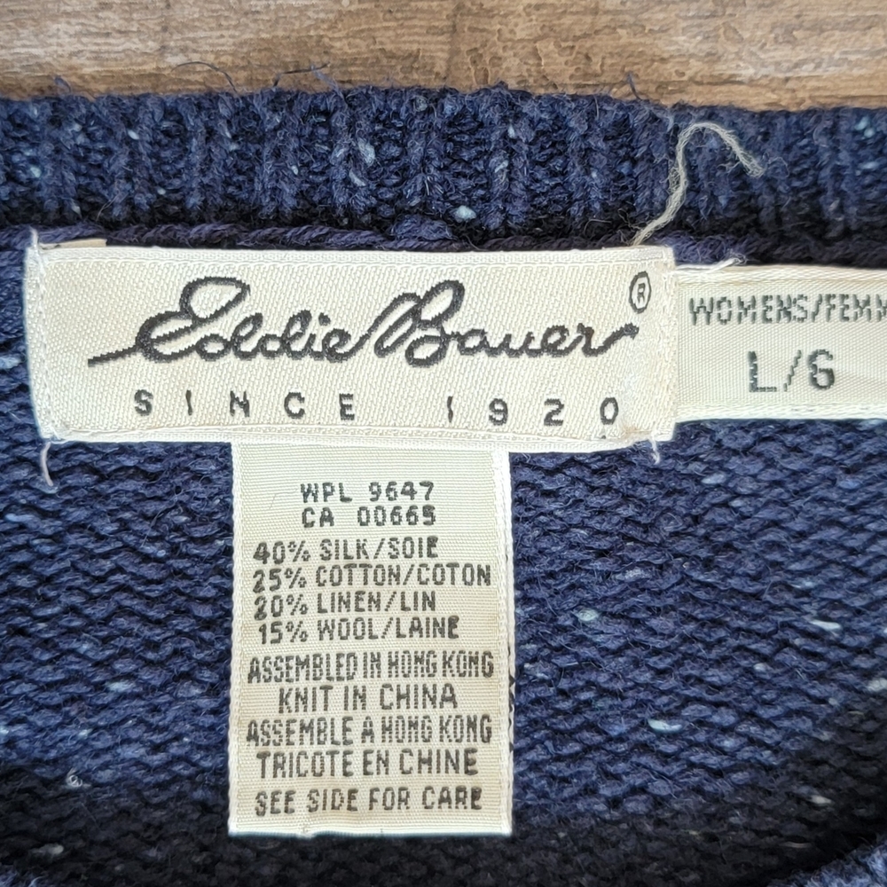 90s Vintg Eddie Bauer Heanly Sweater Women's L Navy Silk Cotton Linen Wool Cozy - Picture 6 of 12